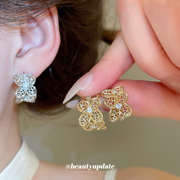 Crystal Flower C Shape Stud Earrings with Polished Metal Tone Details