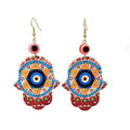 Gold Tone Printed Acrylic Hamsa Hand Evil Eye Hook Earrings in Eleven Designs view 10