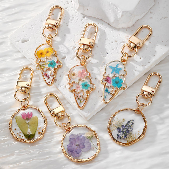Gold Tone Pressed Flower Round and Ice Cream Clip Keychains