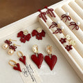 Burgundy Red Enamel Bow Heart Flower Pearl Earrings view 2