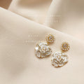 White Camellia Flower Drop Earrings Gold Tone Pearl Crystal Studs view 4