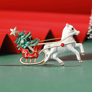 White Horse and Christmas Tree Sleigh Enamel Brooch
