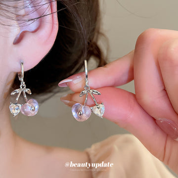 Pink Cherry and Heart Charm Huggie Hoop Drop Earrings