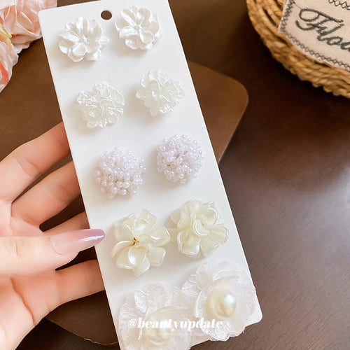 White Floral And Pearl Effect Stud Earring Set Jewelry shown in product overview