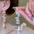 Blue Flower and Pearl Teardrop Earrings in Gold Tone view 3