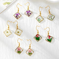 Gold Tone Diamond-Shaped Pressed Flower Drop Earrings in Five Designs view 1