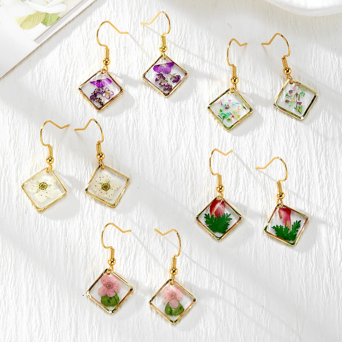Gold Tone Diamond-Shaped Pressed Flower Drop Earrings in Five Designs
