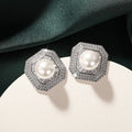 Silver Tone Hexagon Pearl Stud Earrings Clear CZ Halo view 3