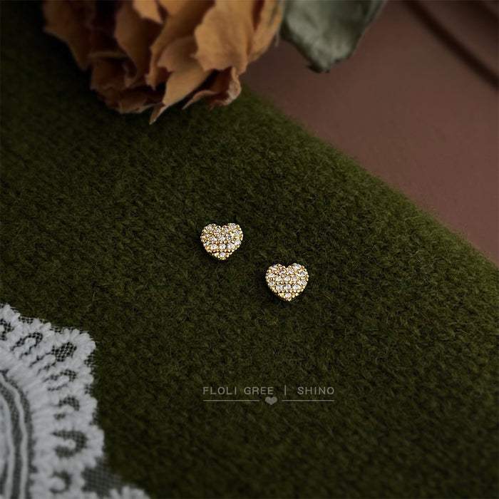 Gold Tone Mini Clear Stone Pave Heart Stud Earrings For Women