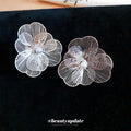 Layered Wire Flower Clip On Earrings With Pearl Centers view 2
