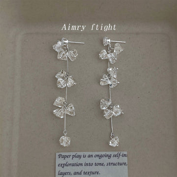 Silver Clear Glass Crystal Butterfly Tassel Drop Earrings