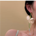 Ivory Fabric Flower Crystal Chain Drop Earrings For Women view 3