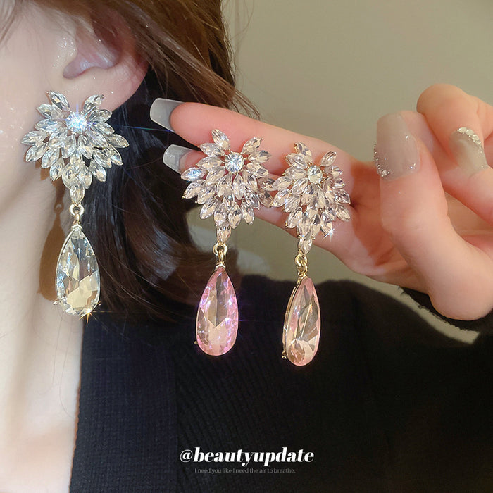 Crystal Floral Teardrop Dangle Stud Earrings With Decorative Metal Accents