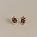 Gold Oval Wine Red Flower Enamel Stud Earrings Pearl Border view 1