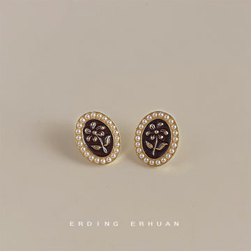 Gold Oval Wine Red Flower Enamel Stud Earrings Pearl Border