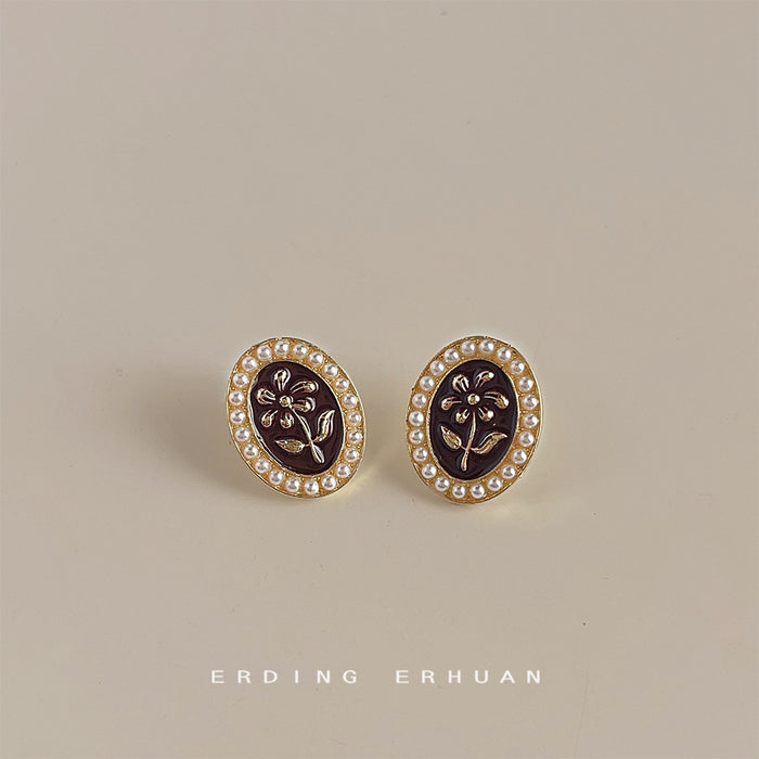 Gold Oval Wine Red Flower Enamel Stud Earrings Pearl Border