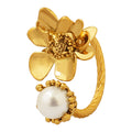 Gold Steel Open Flower Pearl Ring Adjustable Brass Band view 5