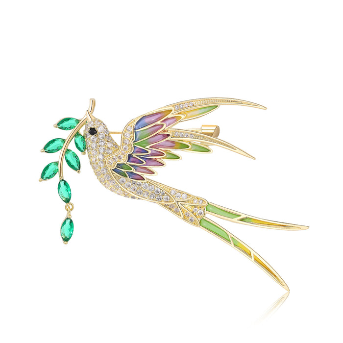 Flying Swallow Brooch with Green Leaf Drops and Crystal Wings