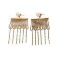 Pearl Top Crystal Fringe Bar Earrings with Polished Metal Tone Details view 5