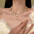 Gold-Tone Pearl and Crystal Teardrop Necklace Decorative Jewelry Accessory view 3