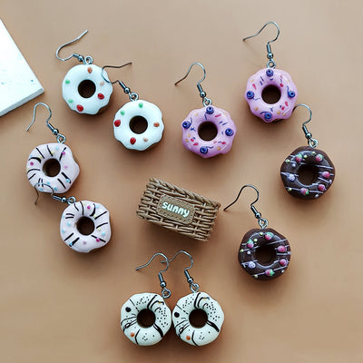 Main product view of donut Drop Earrings with Colorful Icing and Silver Tone Hooks