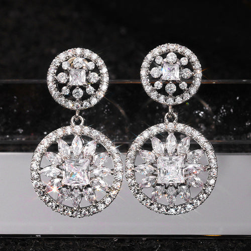 Double Round Floral Clear Stone Earrings Metal Jewelry Design shown from an alternate angle