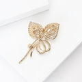 Cat Eye Openwork Leaf Brooch Rhinestone Bow Silver Gold Pin view 4