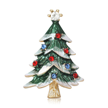 Green Enamel Christmas Tree Brooch Red Blue Rhinestone Gold