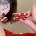 Red Beaded Floral Drop Stud Earrings in Two Designs view 2