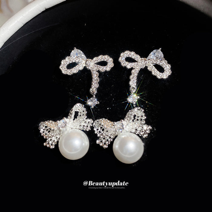 Silver Tone Crystal Bow and Pearl Earrings Statement Jewelry