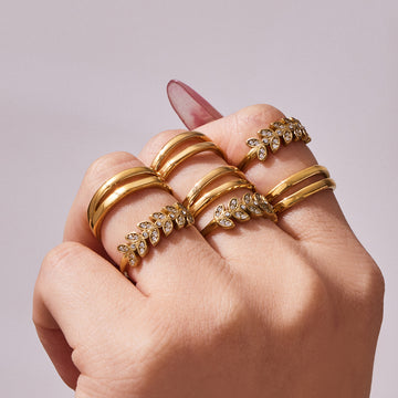 Leaf Crystal and Plain Double Band Open Rings in Two Finishes