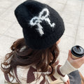Fuzzy Bow Motif Knit Beanie Hat In Gray And Black Tones view 1