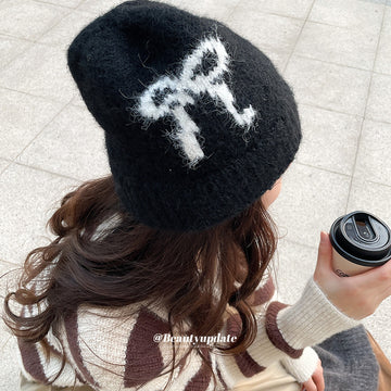 Fuzzy Bow Motif Knit Beanie Hat In Gray And Black Tones