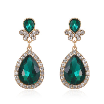 Aqua Gold Tone Green Teardrop Halo Crystal Metal Dangle Earrings