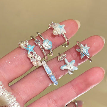 Blue Enamel Starfish Pearl Open Rings Silver Ocean Two Styles