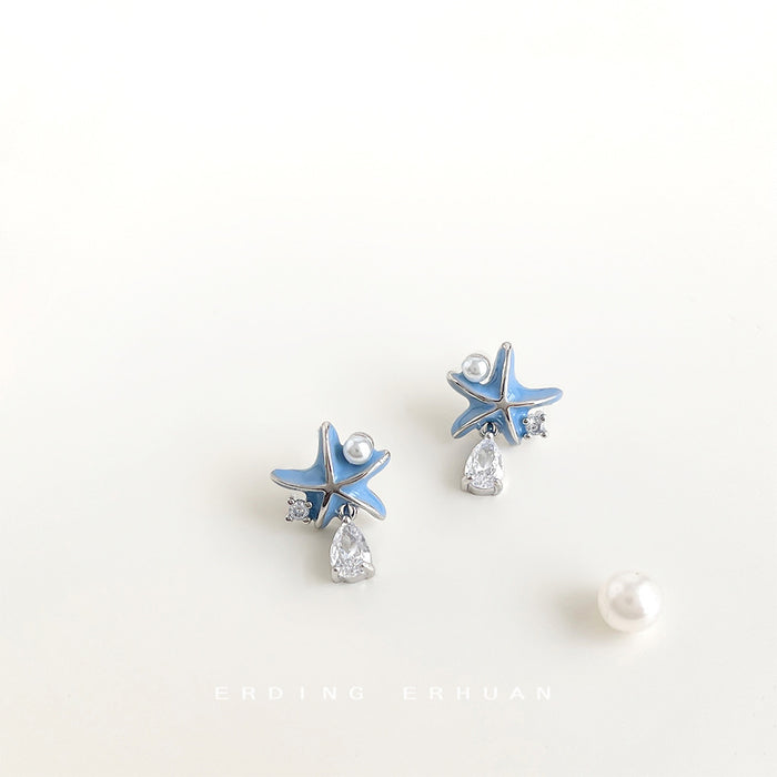 Silver Tone Blue Starfish And Clear Teardrop Stud Earrings