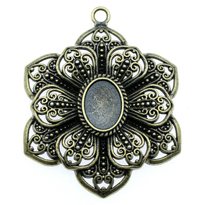 Ornate Flower Oval Cabochon Pendant Tray in Two Finishes shown in image 3 with layered filigree petals