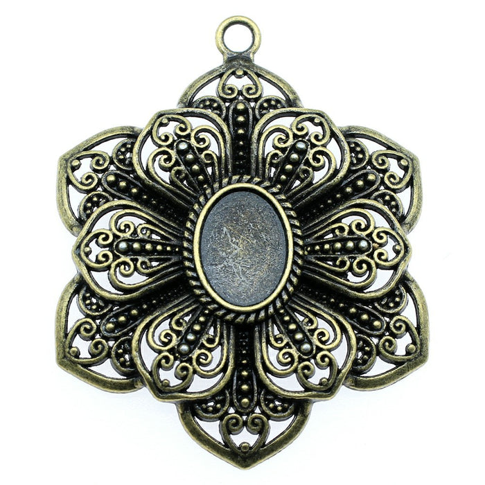 Ornate Flower Oval Cabochon Pendant Tray in Two Finishes