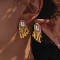 Fan Shell Pearl Stud Earrings Gold And Steel Tone Pair view 3