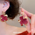 Gold Sculpted Flower Drop Earrings In Pink And Red view 3