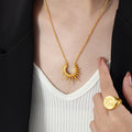 Gold Sunburst Crescent Pendant Necklace Cable Chain view 1