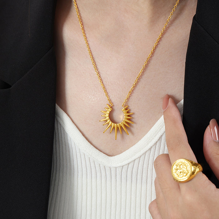 Gold Sunburst Crescent Pendant Necklace Cable Chain