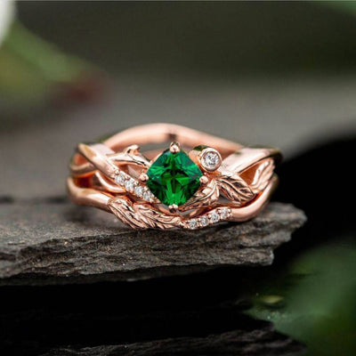 Rose gold green square leaf wrap ring on stone