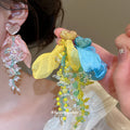 Fabric Flower Long Drop Earrings in Three Pastel Color Mixes view 1