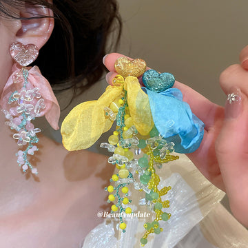 Fabric Flower Long Drop Earrings in Three Pastel Color Mixes