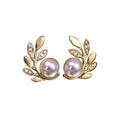 Gold Leaf Branch Imitation Pearl Stud Earrings Pair view 5