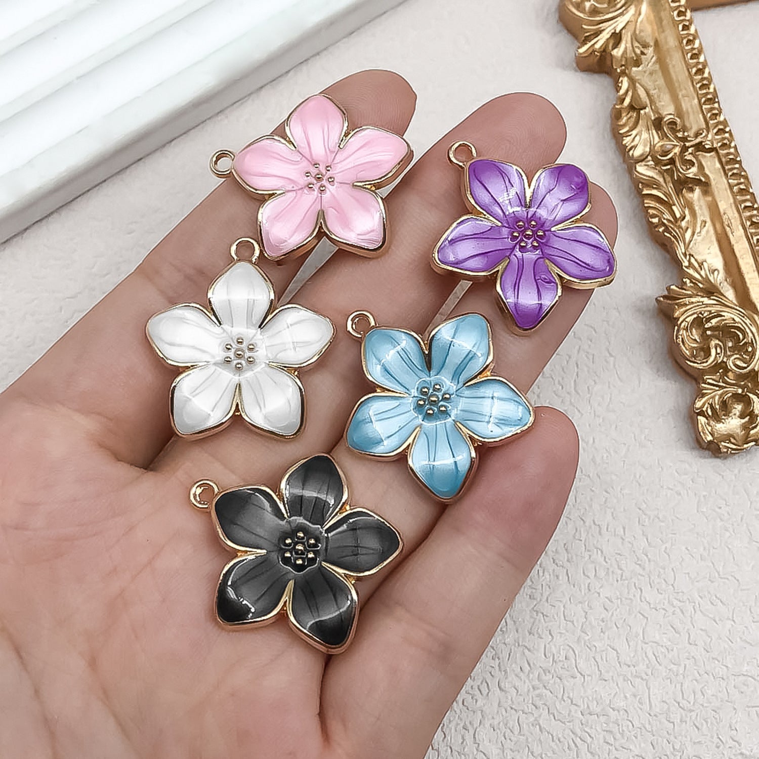 Colorful Enamel Zinc Alloy Five Petal Flower Sakura Charm Pendant for DIY Jewelry