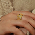 Gold Open Ring Embossed Band Green Glass Clear Stones view 3