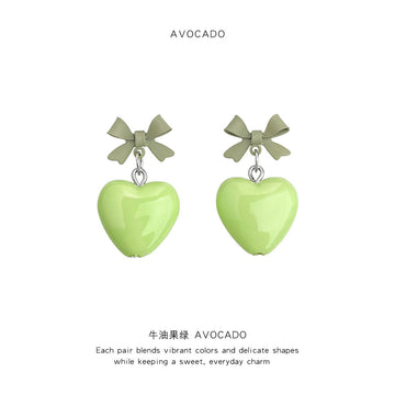 Sage Bow Lime Green Heart Drop Earrings Glossy Finish
