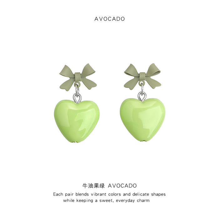 Sage Bow Lime Green Heart Drop Earrings Glossy Finish